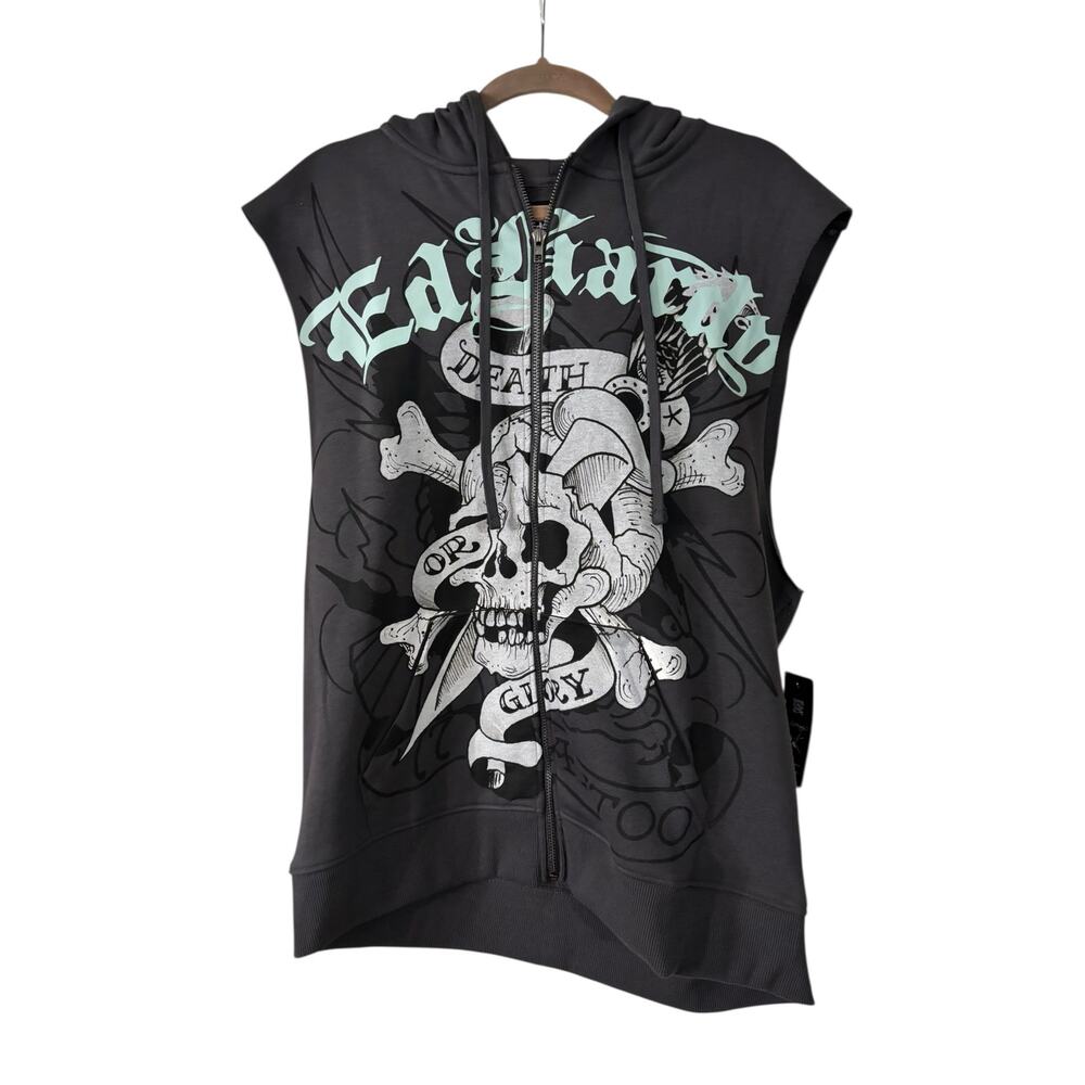 Ed Hardy Hoodie Mens Medium Cut Off Charcoal Zip Death Or Glory Skull Y2K NWT